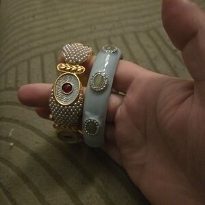 Bundle Of Two Bracelets Gold-Tone Pearl Bracelet And Blue And Germ Embelished